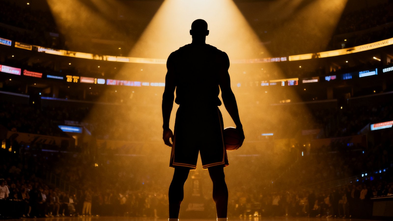 NBA全明星赛投票结果揭晓的新闻配图，篮球场灯光璀璨，球星剪影在聚光灯下闪耀，画面充满仪式感